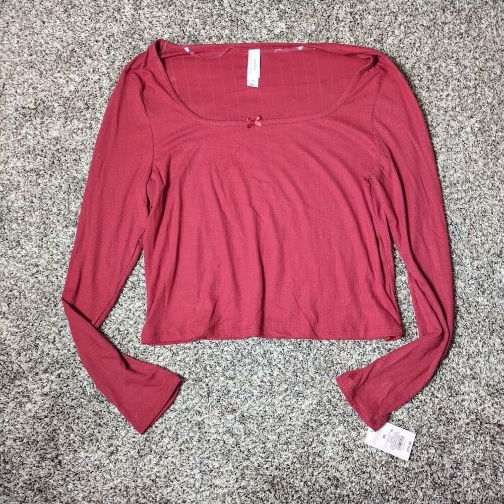 NEW Auden Sleepwear Ribbed Scoop Neck Long Sleeve Top Shirt size XL Red